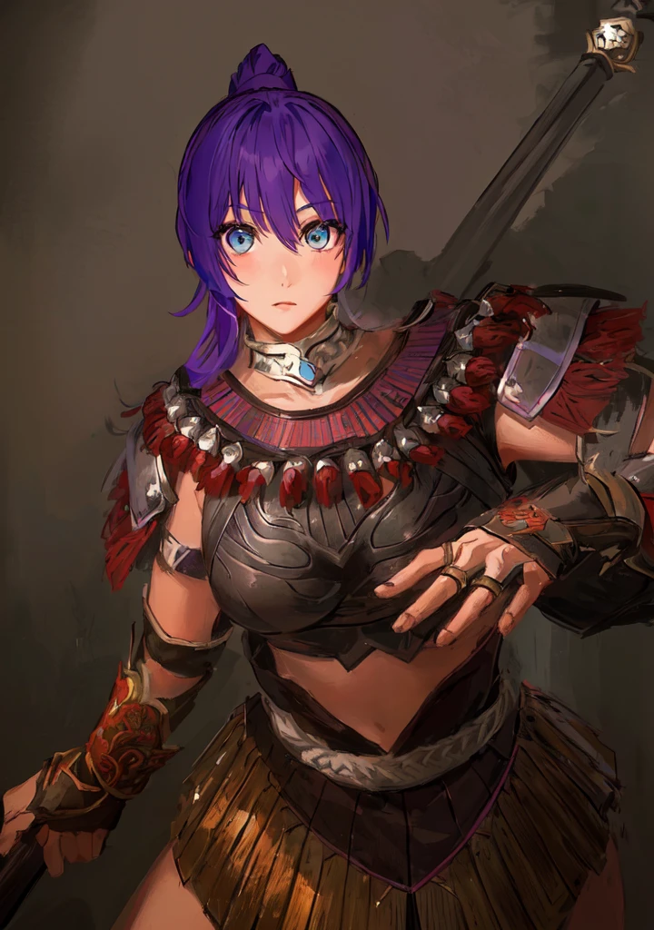 Anime style image of a woman with purple hair and a spear, Wearing Hunter armor, Armor Girl, wearing monster hunter armor, A very beautiful berserker woman, wearing dark epic rpg portrait, Wearing a shining breastplate, Portrait Ninja Gaiden Girl, With scaly armor, Purple Armor，Dark skin，Black Leather，Good shape，Huge breasts，Three Kingdoms志。Three Kingdoms无双，Three Kingdoms，antiquity，Chinese style，Female generals，Blue Eyes，A little cute