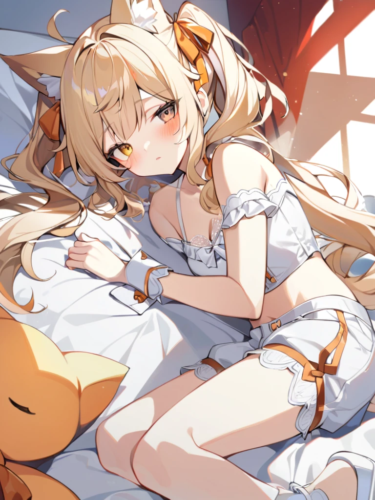 1girl, The fox girl,bangs, bare shoulders, blonde hair, blush, bow, breasts, white cleavage, cropped torso, , eyes closed, asleep, mouth slightly open, in bed, red lamp illuminates the room, hair ribbon, heterochromia, stlooking at viewer, , orange bow, orange eyes, orange ribbon, stuffed toy, twintails, upper body, full-length, white legbands, white shoes with lace and white bows, white background, wrist cuffs, yellow eyes, bloomers, close-up, fair skin frills, lace, midriff, skirt, solo, , white background,shorts, white top with ribbon and lace and trousers,trousers, genshin,white slippers with a bow,All clothes are white, laceAt full height, it stands,