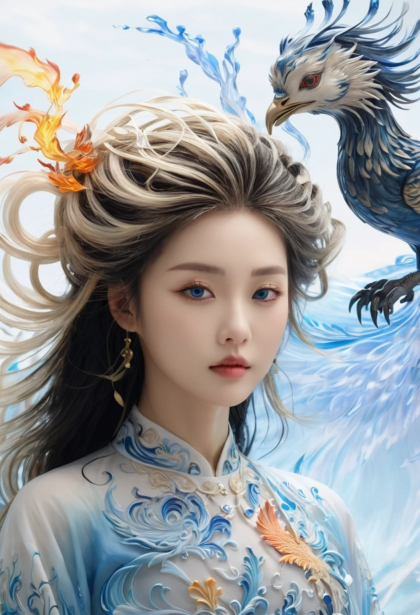 A beautiful Chinese girl standing on the water, Hazy reflection, A huge phoenix bird in the sky, magic, fantasy, Dynamic poses, Made of colorful flames, Delicate face, Exquisite eyes, Long black and blonde hair, Wearing amber and sky blue Hanfu, Exquisite and complex patterns, Ink Painting, Hot stamping, Epic Composition, Soft shadows, Sharp focus, photography, Central Composition, poster design, 胶片photography, panoramic, 32K --v 6