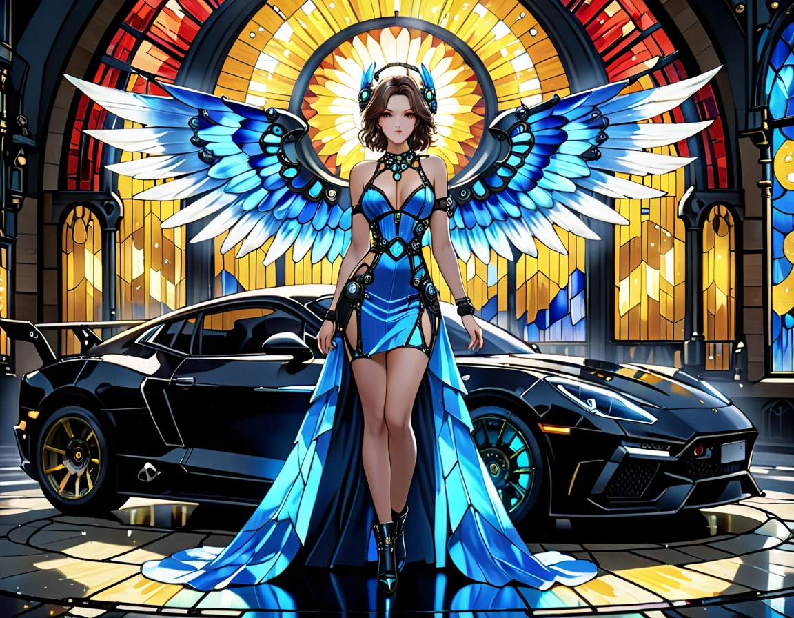 Arafed a ((stained glass artwork picture:1.5)) stained-glass, of a (mech cyberpunk female angel: 1.2) standing in at the street at night near her sports car, night, an exquisite beautiful cyberpunk female angel wearing dark dress, wearing ((intricate mech glamour blue evening dress: 1.3)), dress has miniscule mech parts, high tech parts, (white angelic wings: 1.2), spread angelic wings, halo over the head, small cleavage, wearing intricate diamond necklace, wearing elegant high heeled boots, dynamic eye color, dynamic hair color, dynamic hair style, standing near her (sports car: 1.3), cyberpunk street t background at night, moon light and stars, , full body shot, (Masterpiece: 1.5), Vibrant, Ultra-high resolution, High Contrast, masterpiece:1.2, highest quality, Best aesthetics), best details, best quality, highres, ultra wide angle, 16k, [ultra detailed], masterpiece, best quality, (extremely detailed), Mechanicus, intense gaze, stained-glass