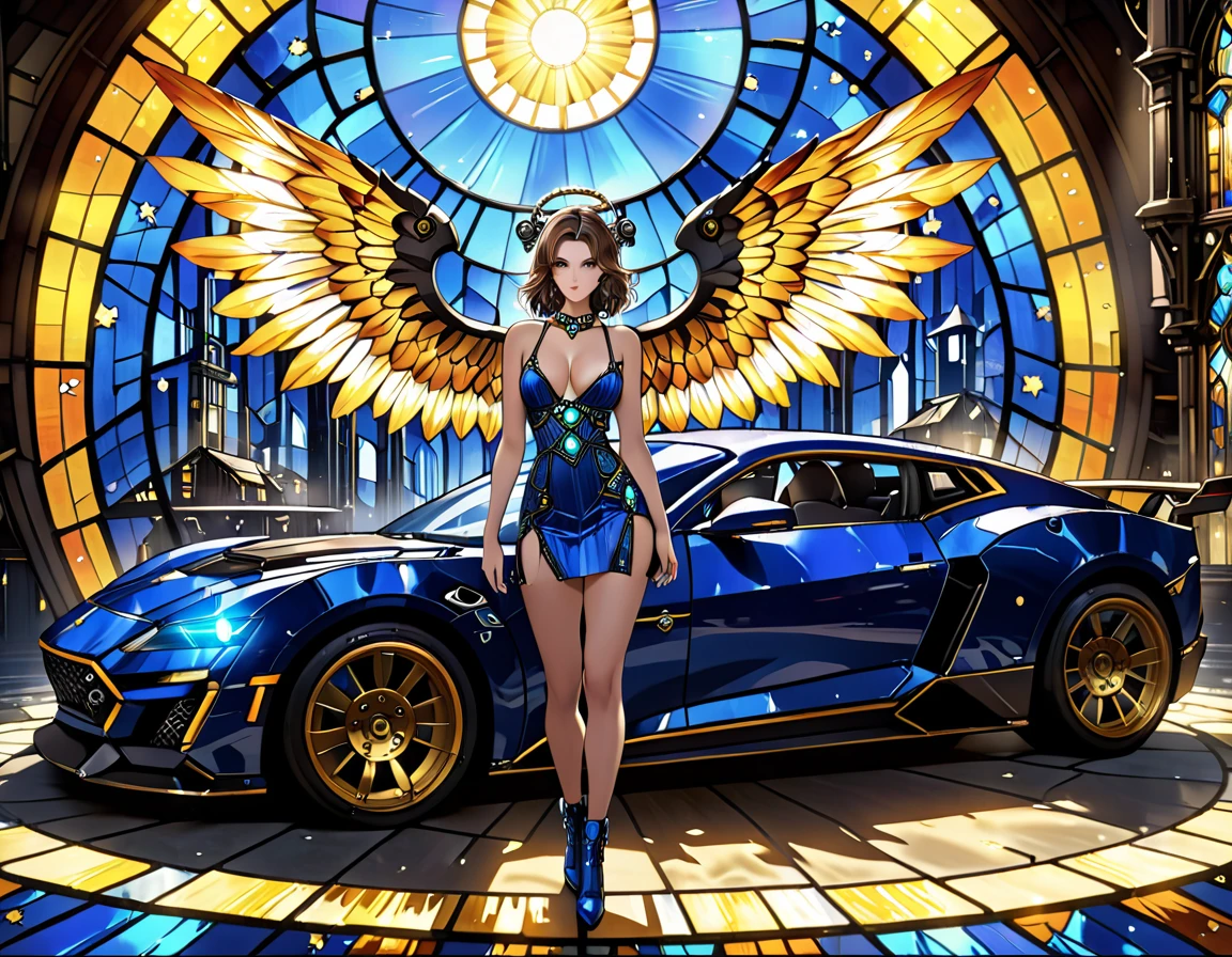 Arafed a ((stained glass artwork picture:1.5)) stained-glass, of a (mech cyberpunk female angel: 1.2) standing in at the street at night near her sports car, night, an exquisite beautiful cyberpunk female angel wearing dark dress, wearing ((intricate mech glamour blue evening dress: 1.3)), dress has miniscule mech parts, high tech parts, (white angelic wings: 1.2), spread angelic wings, halo over the head, small cleavage, wearing intricate diamond necklace, wearing elegant high heeled boots, dynamic eye color, dynamic hair color, dynamic hair style, standing near her (sports car: 1.3), cyberpunk street t background at night, moon light and stars, , full body shot, (Masterpiece: 1.5), Vibrant, Ultra-high resolution, High Contrast, masterpiece:1.2, highest quality, Best aesthetics), best details, best quality, highres, ultra wide angle, 16k, [ultra detailed], masterpiece, best quality, (extremely detailed), Mechanicus, intense gaze, stained-glass