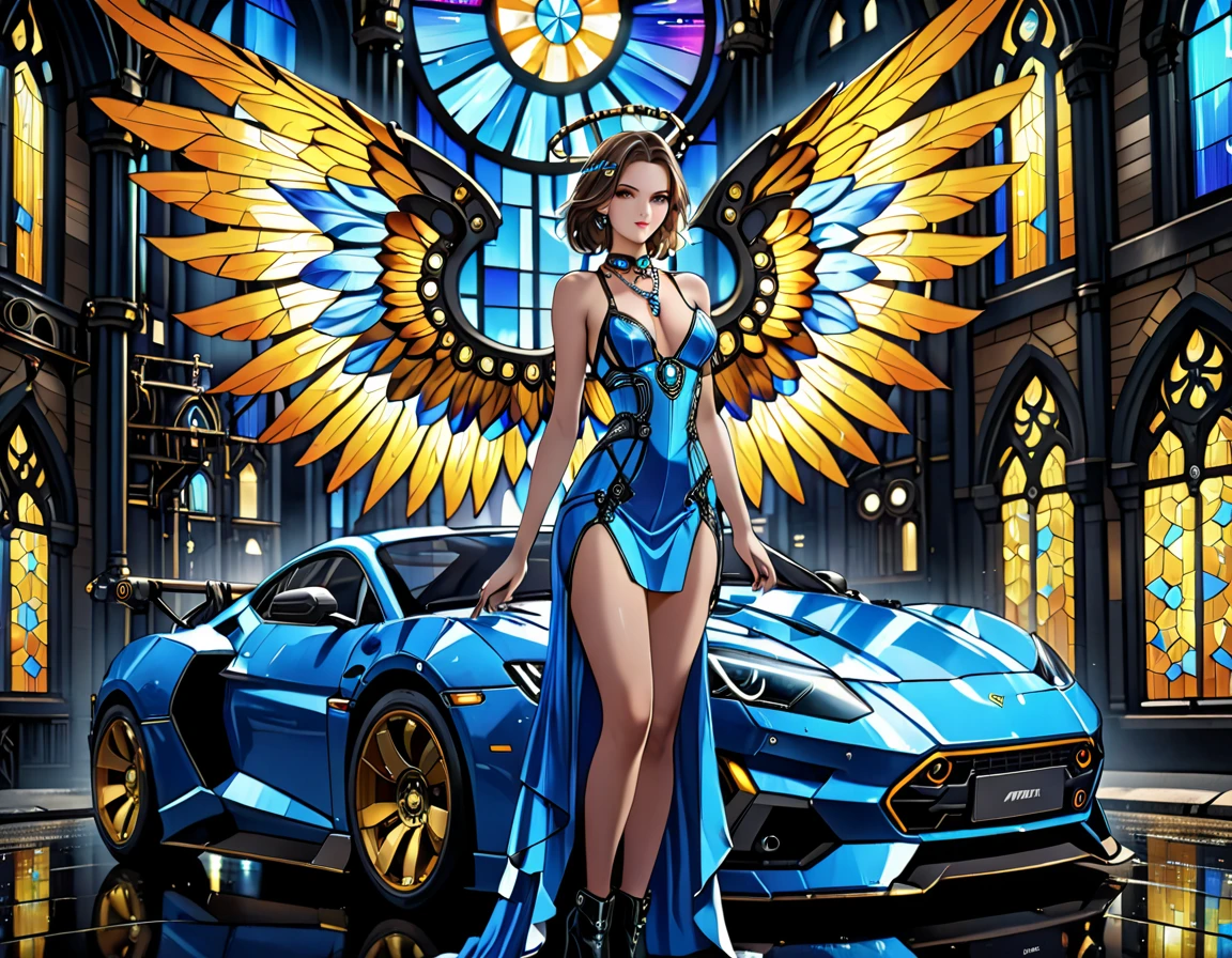 Arafed a ((stained glass artwork picture:1.5)) stained-glass, of a (mech cyberpunk female angel: 1.2) standing in at the street at night near her sports car, night, an exquisite beautiful cyberpunk female angel wearing dark dress, wearing ((intricate mech glamour blue evening dress: 1.3)), dress has miniscule mech parts, high tech parts, (white angelic wings: 1.2), spread angelic wings, halo over the head, small cleavage, wearing intricate diamond necklace, wearing elegant high heeled boots, dynamic eye color, dynamic hair color, dynamic hair style, standing near her (sports car: 1.3), cyberpunk street t background at night, moon light and stars, , full body shot, (Masterpiece: 1.5), Vibrant, Ultra-high resolution, High Contrast, masterpiece:1.2, highest quality, Best aesthetics), best details, best quality, highres, ultra wide angle, 16k, [ultra detailed], masterpiece, best quality, (extremely detailed), Mechanicus, intense gaze, stained-glass