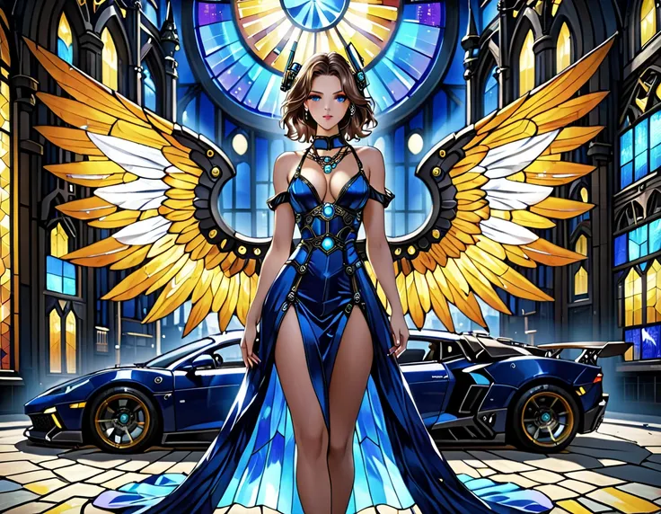 arafed a ((stained glass artwork picture:1.5)) stained-glass, of a (mech cyberpunk female angel: 1.2) standing in at the street ...