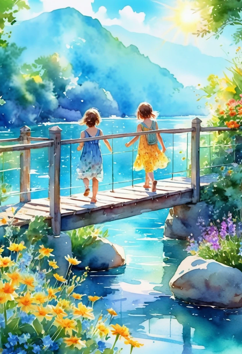 Children crossing a bridge, the dazzling light of the summer sun, summer flowers, azure water, beautiful watercolor sketches, 8K images.