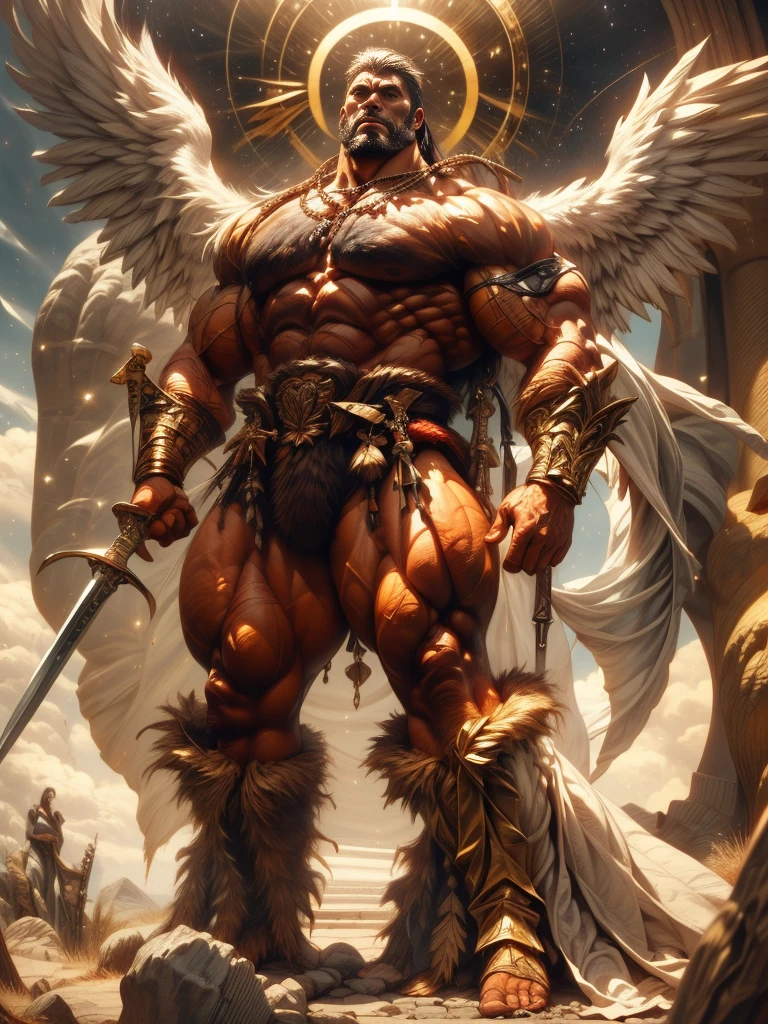 A muscular, noble-looking man with sharp eyes, a strong nose, and a dignified expression, holding a long sword, with short white hair, majestic white wings, floating against a starry sky background, (best quality,4k,8k,highres,masterpiece:1.2),ultra-detailed,(realistic,photorealistic,photo-realistic:1.37),digital art, concept art, cinematic lighting, dramatic, epic, powerful, divine, angelic
