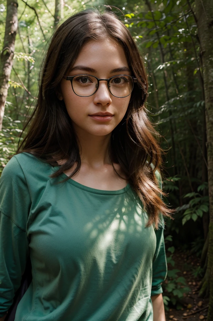 A girl hiking through a dense forest, wearing frameless eyeglasses. Her face shows excitement, with beautifully detailed eyes and strikingly detailed lips. Her face and portrait are extremely detailed, with long eyelashes that highlight her adventurous personality and intelligent look. The lighting is dramatic, with warm color tones that enhance the realistic, photorealistic depiction. She is shown full-size, with a backpack on her shoulder, walking along a forest trail surrounded by tall trees and vibrant greenery.