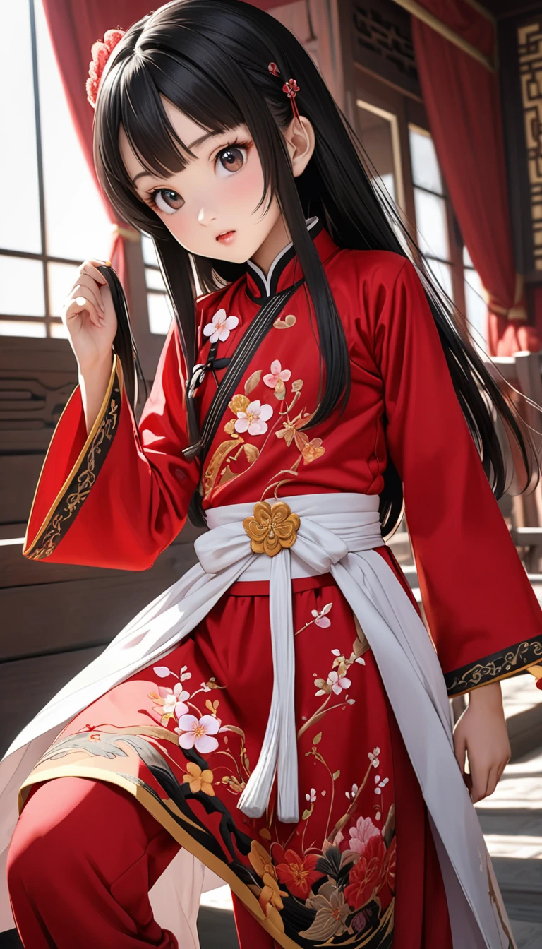 8k Tragic historical drama in live-action style: Beautiful palace secrets　A beautiful 10-year-old Chinese kung fu princess with long black hair defecates with all her might　Gorgeous embroidery, Ultra glossy, She is wearing a shiny red top and bottom long sleeve floral children&#39;s pajamas kung fu suit....　　She cries loudly, closes her eyes, and is made to lie down on a floral futon and has a penis inserted into her.　She spreads her legs wide and receives an enema from her anus.、Filth、A large amount of poop is dripping
