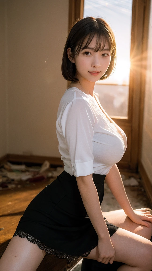 masterpiece, photorealistic masterpiece, professional photography, In high resolution, attractive pose, awesome full color, Ultra-detailed vividness,Standing in an abandoned house, dark room, dark night, Backlit details from the window, calm colors, 35mm masterpiece, smile, big breasts, white shirt, ((viewer: 1.1)), ((long flare skirt)), (spread your legs), (((lift the skirt yourself)), ((show me your panties))), lift clothes, Panty shot, (Detailed lace panties,) squat,