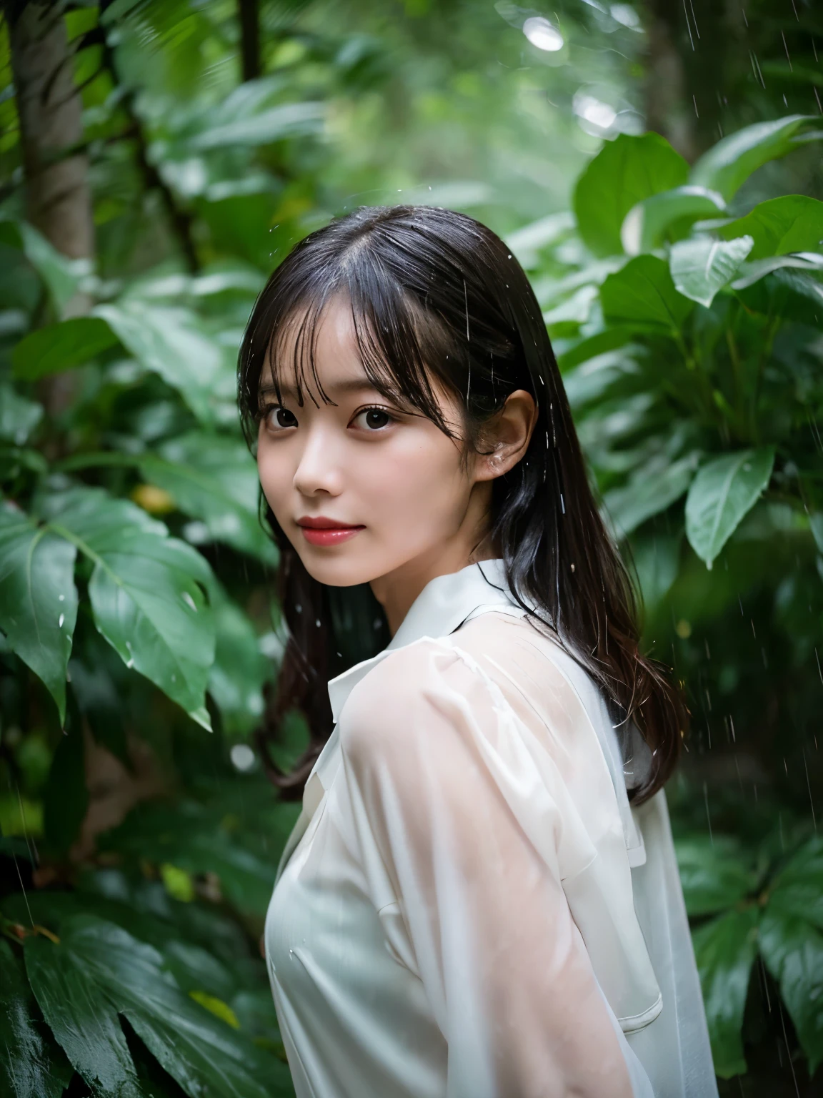 real Portrait of a woman standing in nature in the rain. The figure resting under wet leaves is expressed in soft light and shadow.,ample lighting, clear focus, high quality, artistic, unique, award-winning photo, taken with Canon EOS 5D Mark IV DSLR camera, aperture f/8, ISO 200, shutter speed 1/250