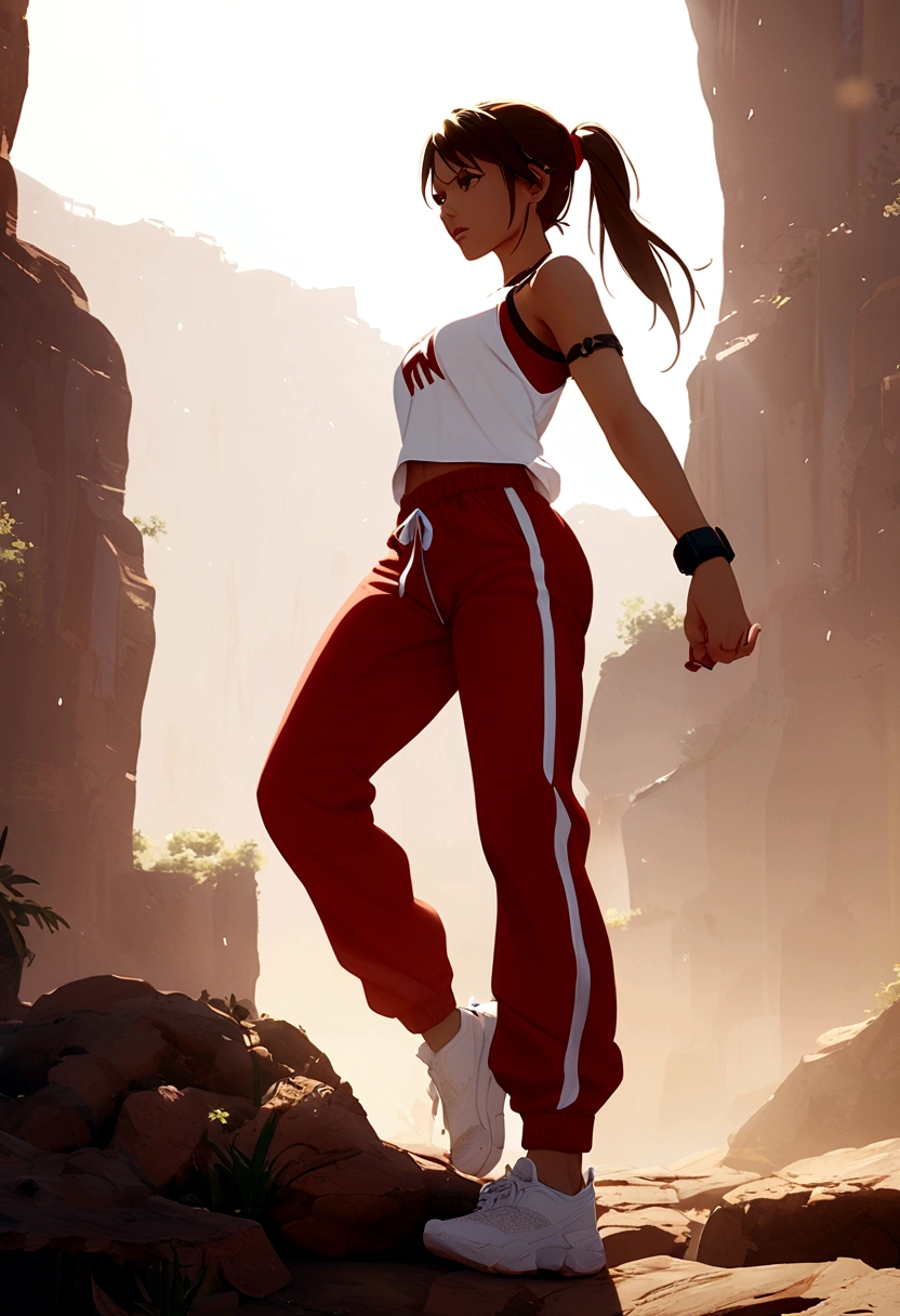 Lara Croft with blue white red jogging pants with RN inscription