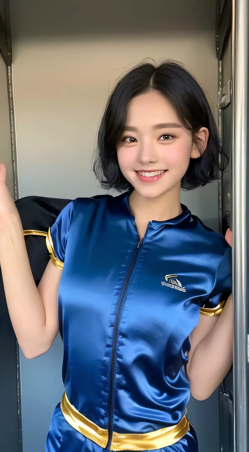 One woman and one small boy, A woman in a shiny truck costume、The boy next to me is holding onto me with both hands. (Beautiful female college student in a tracksuit, Highest quality, High resolution, 8K, 1 Girl, outside the athletics stadium, 1 Girl, Shiny Track Costume (Satin Truck Costume: 1.4, Light blue: 1.5) (Black Hair, short hair, big: 1.4), (Upper Body: 1.2), Smiling at the viewer), outside, Boy grabbing the breasts of a woman dressed in a truck costume with both hands (T-Shirts, Shorts, Grabbing a woman's breasts with both hands)