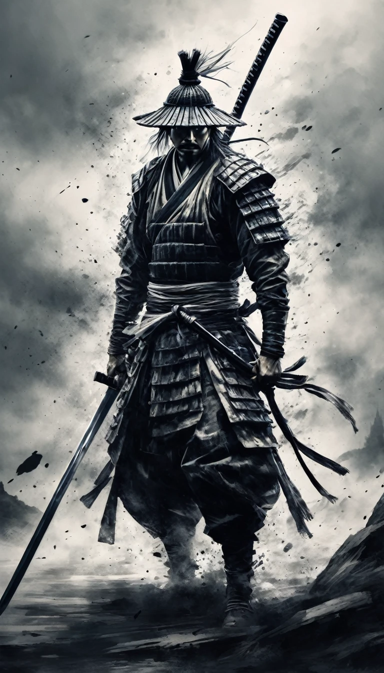 Black and white painting,Ink Painting,splash,Mamba Hair,seppuku,Create a hyper-realistic and cool image of Miyamoto Musashi using his two-sword technique (Katana and Wakizashi). Musashi is in a dynamic battle stance, showcasing his mastery of Niten Ichi-ryu. He wears traditional samurai armor, and the background is a dramatic battlefield with smoky skies, emphasizing the historical context. Highlight his intense focus and determination, capturing the essence of a formidable warrior. Use strong light and shadow contrasts to enhance the dynamic feel of the image.