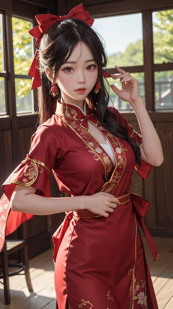 （（高Picture quality、Picture quality、Picture quality、The ultimate detail masterpiece, eye for detail,dreamy effect））、火RedThe ribbon flutters背景9.0（Red）、Oriental beauty（20 years old）、Oval face、Red长发披肩（grace）、大Red凤眼、Red眼、Wearer Han Dynasty transparent clothes 1.0（Red）、side、Avatar（close up）、8K、The ribbon flutters（wrap the whole body）、dance（Ribbon Style）、