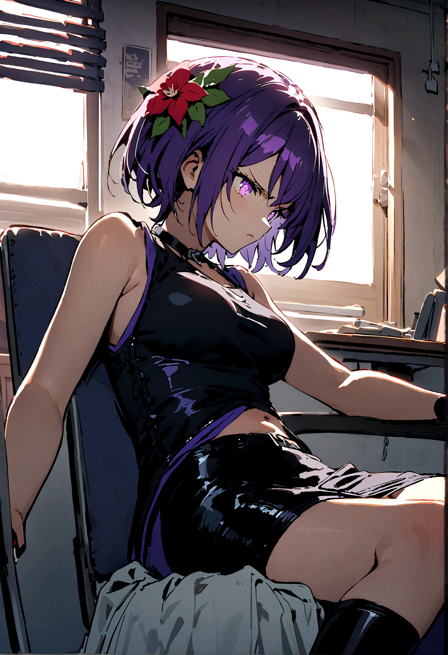 Anime girl with very long dark purple hair and a flower hair accessory wearing black short jeans with latex socks and a sport shoes wearing a cut shirt with no sleeves and half cut from below showing her belly with a black vest with short latex gloves purple glowing eyes holding a very long sheathed 1 katana it scabbard is purple  as she looked annoyed like she's scolding someone inside a office room