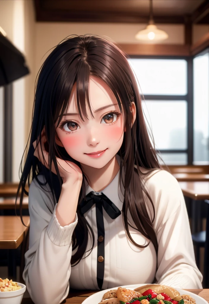 8K, of the highest quality, masutepiece:1.2), (Realistic, Photorealsitic:1.37), of the highest quality, masutepiece, Beautiful young woman, Pensive expression,、A charming、and an inviting look, cute santa clothes, Hair tied back, Cinematic background, Light skin tone,1 girl, {{incoming_food}}, {{feeding}}, holding_spoon, foreshortening,{{blurry_foreground}}, , shy smile, blush, open mouth, head_tilt, upper_body, parfait on the table, table, looking at viewer, indoor, cafeteria, pov, perfect anatomy, speech bubble,