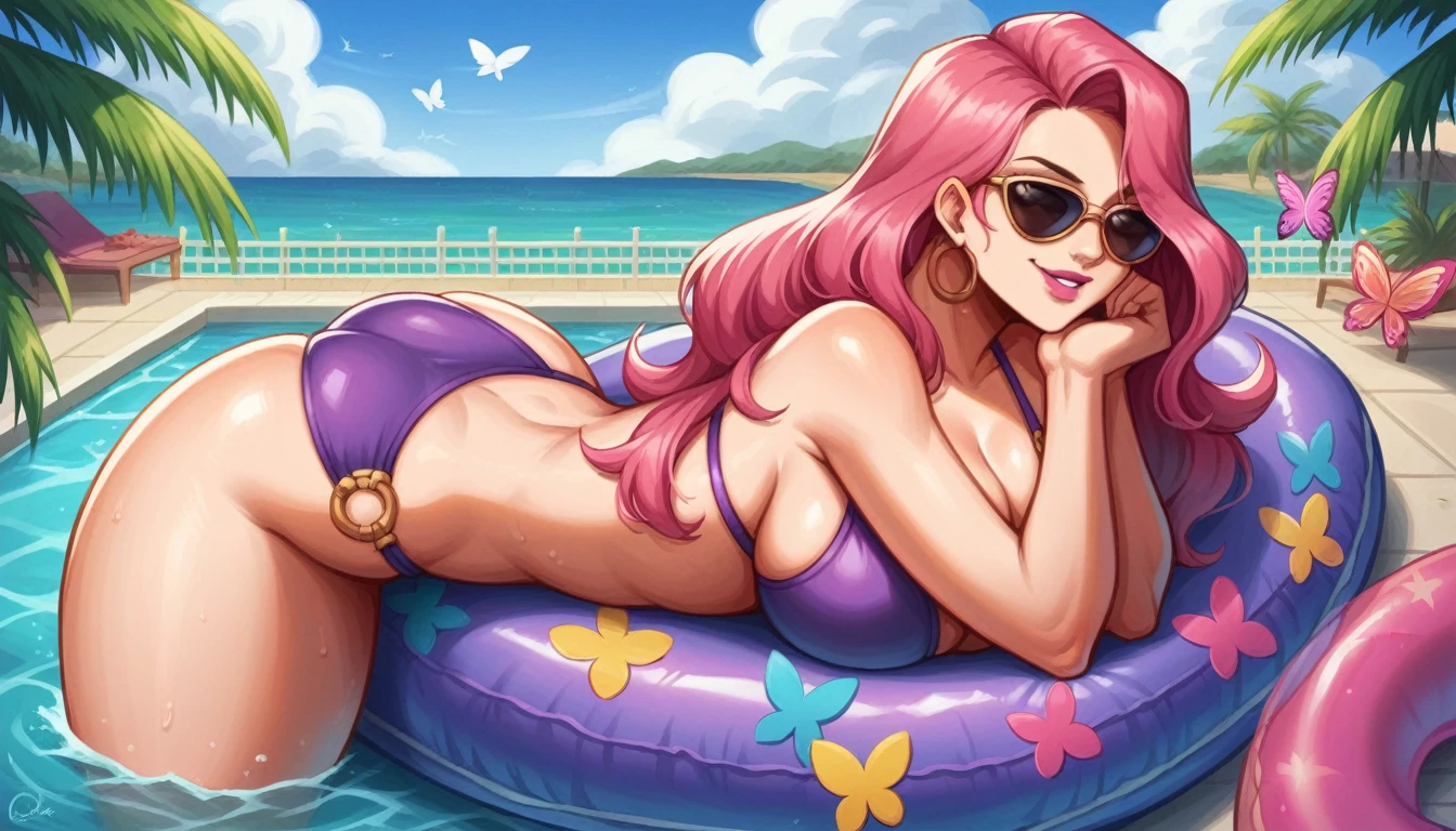 best aesthetic, lolsplashart, pool miss fortune, 1girl, solo, long hair, breasts, looking at viewer, smile, bangs, very large breasts, big butt, swimsuit, cleavage, pink lipstick, kiss marks, green eyes, magenta hair, pink hair, outdoors, butterfly, sky, day, bikini, cloud, tree, water, pedal, blue sky, butterfly wings, purple bikini, pink pool float, inflatable butterfly wings, arm floaties, beach ball, sunglasses, palm tree, beachball, beach umbrella, ocean waves, a beautiful young woman with long pink hair, wearing a purple bikini and sunglasses, lounging on a pool float in a sparkling blue pool. She is surrounded by tropical flowers and palm trees, and the scene is set against a backdrop of a bright blue sky with fluffy white clouds. The woman's pose is relaxed and carefree as she floats in the pool, enjoying the sunshine. The colorful flowers, pool float, and her bold purple bikini all contribute to the fun, summery vibe. The overall atmosphere is cheerful and lighthearted, capturing the essence of a perfect poolside day.