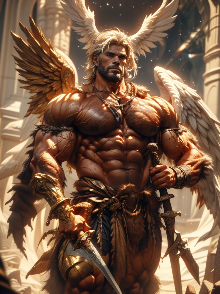 A muscular, noble-looking man with sharp eyes, a strong nose, and a dignified expression, holding a long sword, with short white hair, majestic white wings, floating against a starry sky background, (best quality,4k,8k,highres,masterpiece:1.2),ultra-detailed,(realistic,photorealistic,photo-realistic:1.37),digital art, concept art, cinematic lighting, dramatic, epic, powerful, divine, angelic