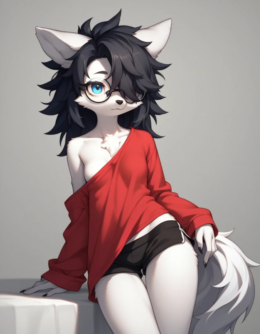 Solo, score_9,score_8_up,score_7_up, kemono style, a young nerdy Anthro furry wolf woman, wolf snout, white furry body, tall, long black messy hair, black hair, hair in a pony tail, hair covering one eye, white wolf tail, blue eyes, white wolf ears, white wolf tail, small breasts, wearing oversized red shirt, exposed shoulder, black thick rimmed glasses, black short shorts