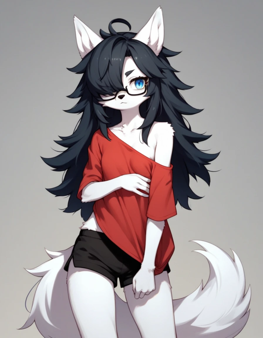 Solo, score_9,score_8_up,score_7_up, kemono style, a young nerdy Anthro furry wolf woman, wolf snout, white furry body, tall, long black messy hair, black hair, hair in a pony tail, hair covering one eye, white wolf tail, blue eyes, white wolf ears, white wolf tail, small breasts, wearing oversized red shirt, exposed shoulder, black thick rimmed glasses, black short shorts