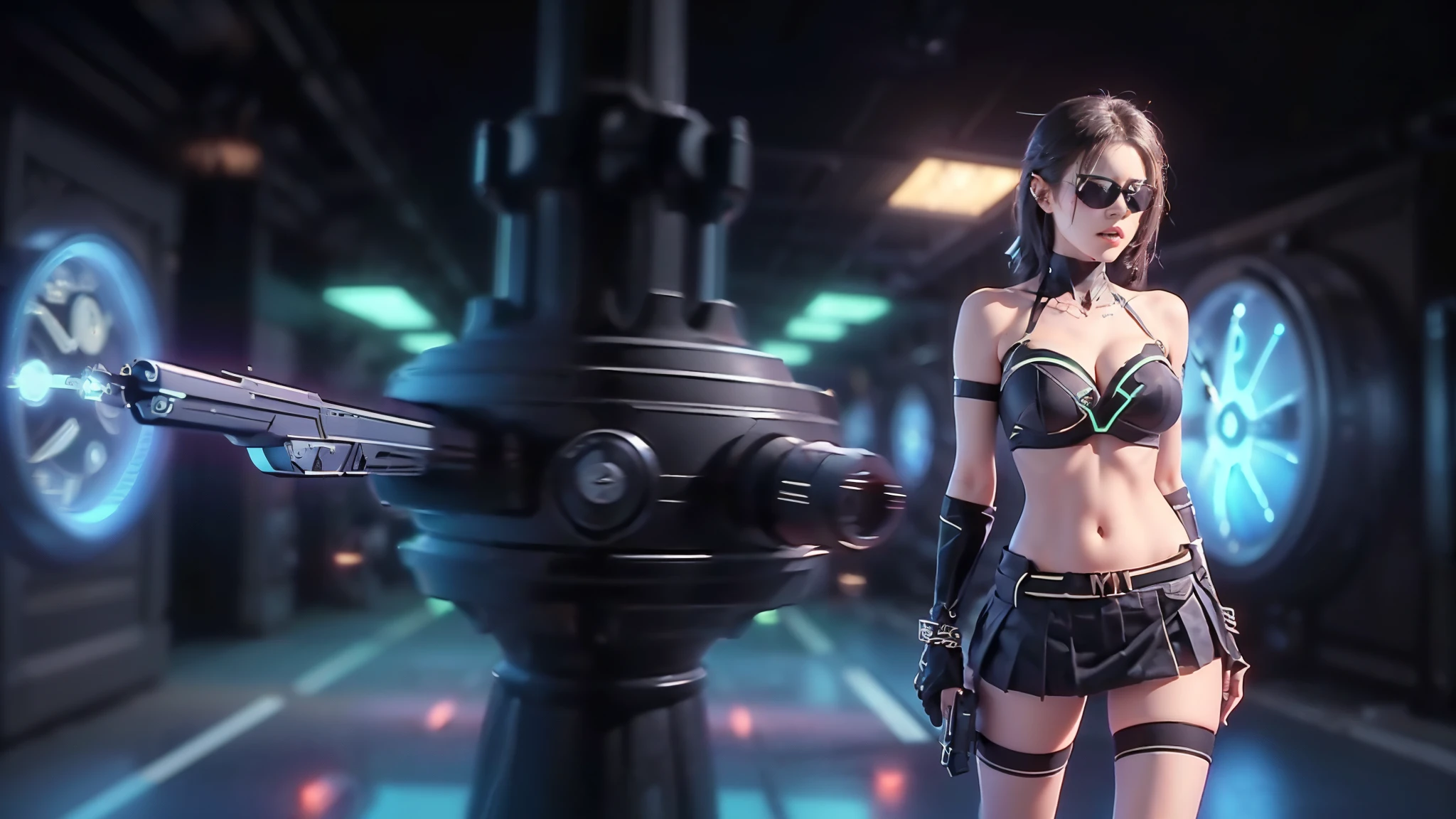 (aerial view). at night, futuristic sci-fi cyberpunk city, broad viaduct, skyscrapers at the end of the viaduct, the movie "13th Floor" style, (((((voltex-spirit-spreading giant clock tower as time machine))))), hq. Matrix style, at night, (1girl, solo), photo realistic, (large-breast:1.2 slim body, cleavage:1.3), (((tube top, extreamly short pleated (((miniskirt))) exposing panty))), (((((matrix style black sunglasses))))), (((((aiming at camera with a (short pistol)))))), (((half-body (thigh level) medium shot))), (cinematic lighting).