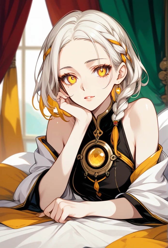 Mature woman, mature face, gentle face, glossy lips, golden eye color, golden eyes, gentle eyes, (braid hairstyle, bob hair, white hair, yellow gradient hair color, glossy hair), slender body, thick thighs, saintess clothes, white clothes, white loincloth, ass up head down, front view, bedroom