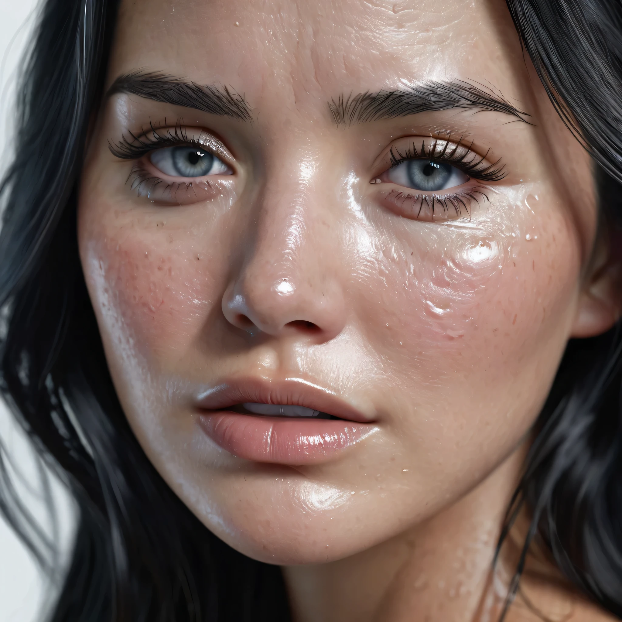 Close up of beautiful “Olivia Munn” crying with watery eyes, tears streaming down her eyes, heartbroken, realistic skin, skin pores and blemishes, 4K, cinematic photo, realistic, plain white background, detailed pupils, detailed iris, Long waved black hair, nude body