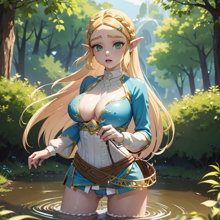 princess zelda, botw, blonde very long hair, crown braid, green eyes, ultrasharp, looking at the viewer, ((best quality)), ((masterpiece)), (detailed), perfect face, big breast, sexy body, fell into muddy swamp