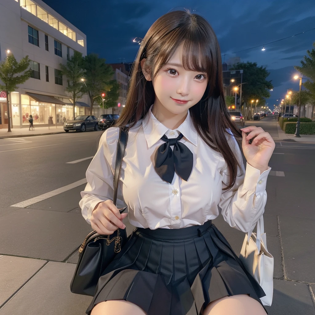 There is a woman who is on the street with a purse, fat pigeon, fat cat,(8k, RAW photo, best quality, masterpiece: 1.2), (realistic, photo-realistic: 1.37), ultra-detailed, 1 girl, cute, solo, beautiful detailed sky, detailed coffee, night, sitting, dating, (flushed nose), (smile: 1.1), medium breasts, beautiful detailed eyes, (collared shirt: 1.1), bow tie, pleated skirt,
