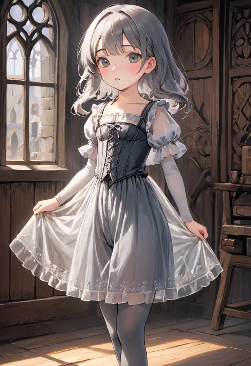 8 year old medieval girl, underwear姿、Translucent knee-length bloomers（underwear）wear、wear a semi-transparent corset、Translucent slip, Grey translucent tights
