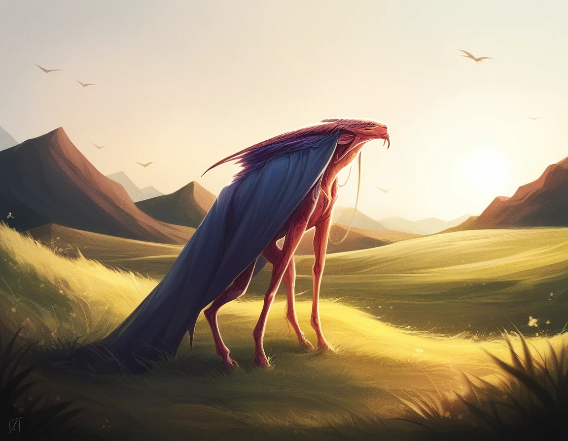 score_9, score_8_up, score_7_up, Illustration, Bybm style, a picturesque long shot of a grassy plain during sunset, alien planet, blurry background, neon colors, vintage artstyle, hard lighting, dark composition, contrasting color pallette, comic book artstyle