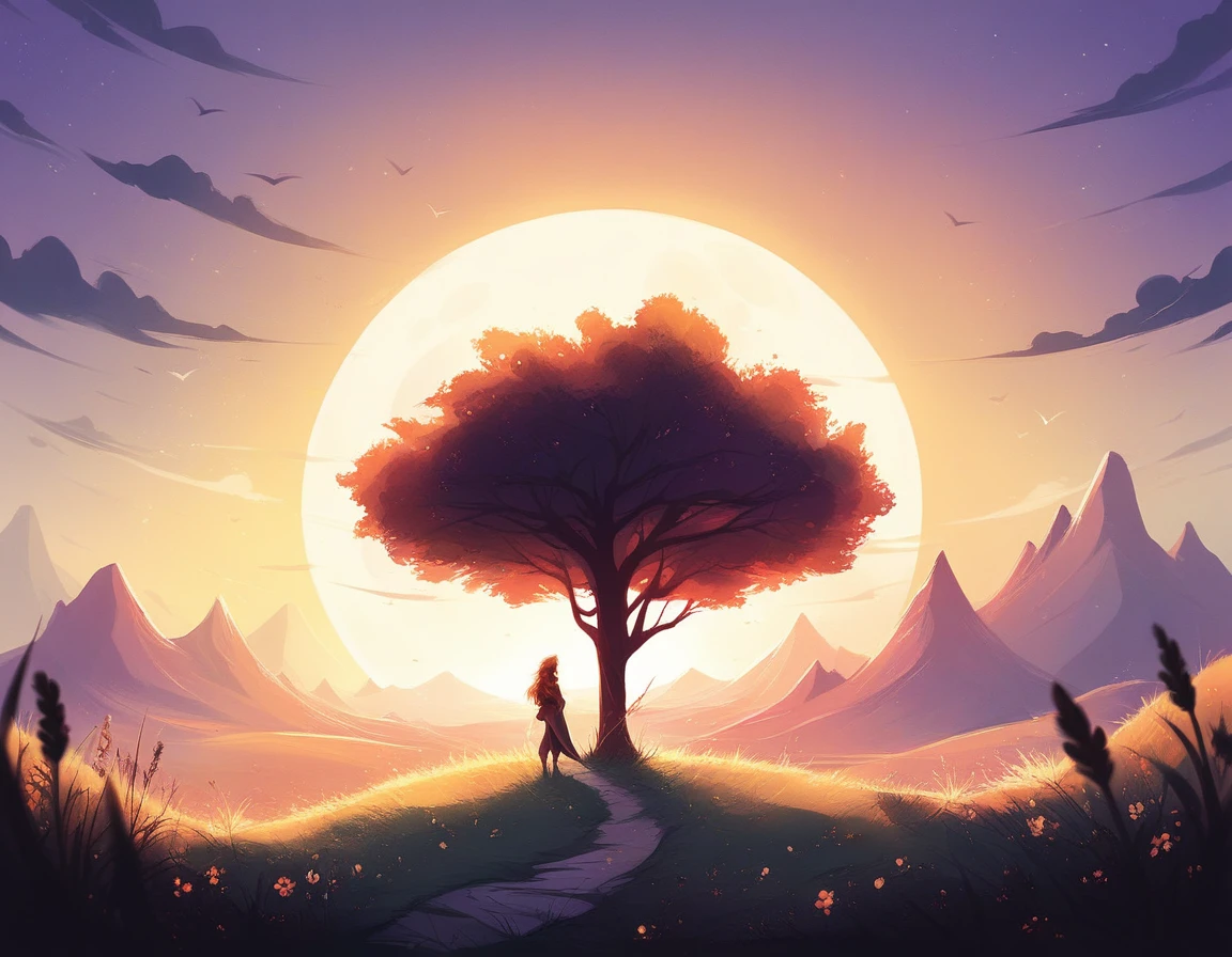 score_9, score_8_up, score_7_up, Illustration, Bybm style, a picturesque long shot of a grassy plain during sunset, alien planet, blurry background, neon colors, vintage artstyle, hard lighting, dark composition, contrasting color pallette, comic book artstyle