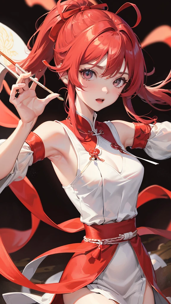 ((高Picture quality、Picture quality、Picture quality、The ultimate detail masterpiece, eye for detail,dreamy effect))、火RedThe ribbon flutters背景9.0(Red)、Oriental beauty(20 years old)、Oval face、Red长发披肩(grace)、大Red凤眼、Red眼、Wearer Han Dynasty transparent clothes 1.0(Red)、side、Avatar(close up)、8K、The ribbon flutters(wrap the whole body)、dance(Ribbon Style)、
