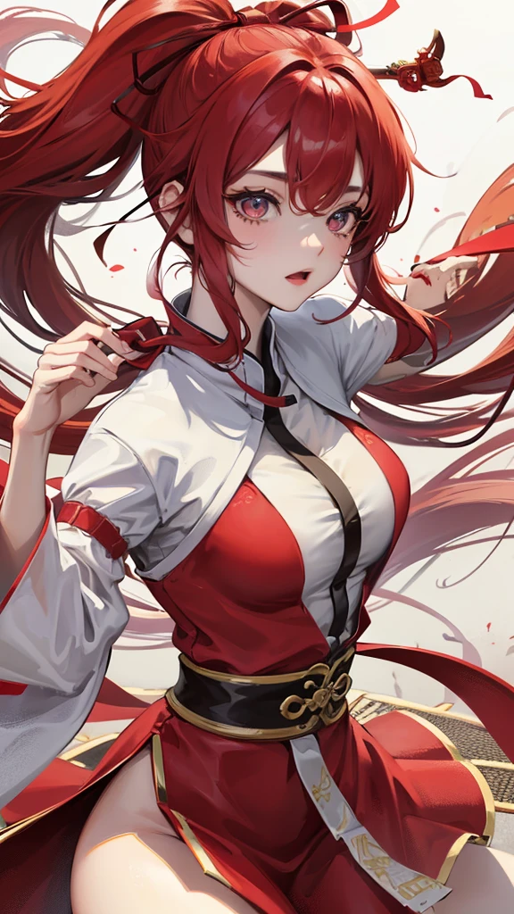 ((高Picture quality、Picture quality、Picture quality、The ultimate detail masterpiece, eye for detail,dreamy effect))、火RedThe ribbon flutters背景9.0(Red)、Oriental beauty(20 years old)、Oval face、Red长发披肩(grace)、大Red凤眼、Red眼、Wearer Han Dynasty transparent clothes 1.0(Red)、side、Avatar(close up)、8K、The ribbon flutters(wrap the whole body)、dance(Ribbon Style)、