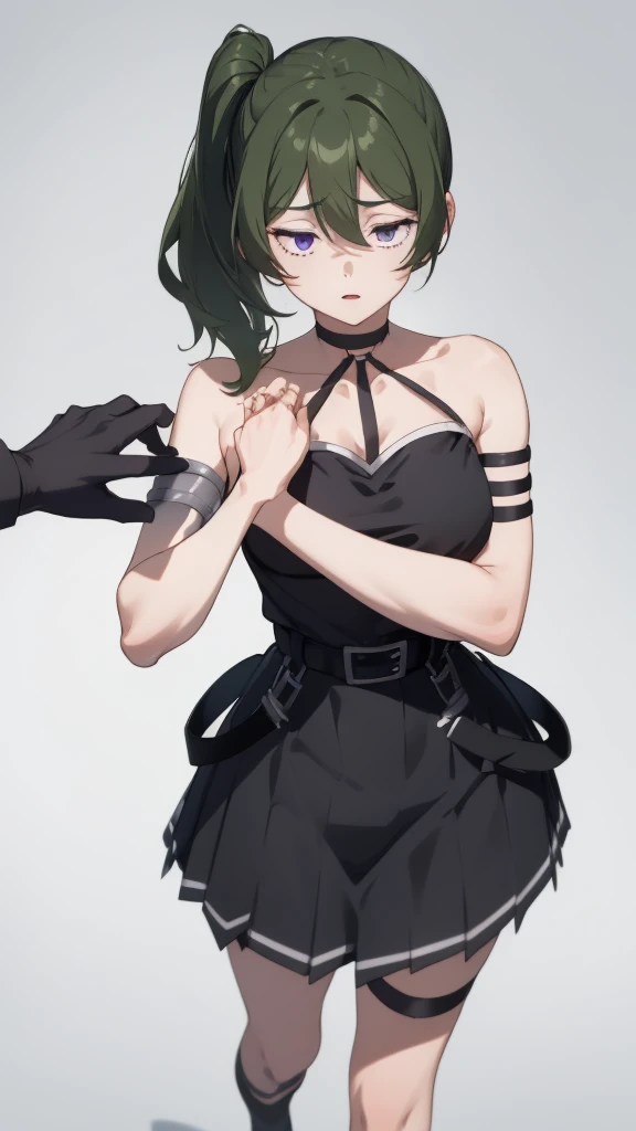 NSFW,1girl,1boy,fellatio,
ubel, medium hair, hair between eyes, green hair, side ponytail, (purple eyes:1.1),
skirt, gloves, dress, bare shoulders, pleated skirt, sleeveless, black gloves, elbow gloves, belt, miniskirt, black skirt, black footwear, (black dress:1.5), thigh strap, sleeveless dress, halterneck, armband, single glove, black belt, pleated dress, arm strap,white lace panties,
break masterpiece ,8k unity wallpaper,anime key visual,highest quality, High resolution, unity 8k wallpaper, (shape:0.8),anime coloring,white skin,dense skin,highly detailed legs,perfect lighting, Detailed CG, (perfect hands, perfect anatomy),High resolution,slender limbs, delicate curves, dainty hands,figure:0.8,