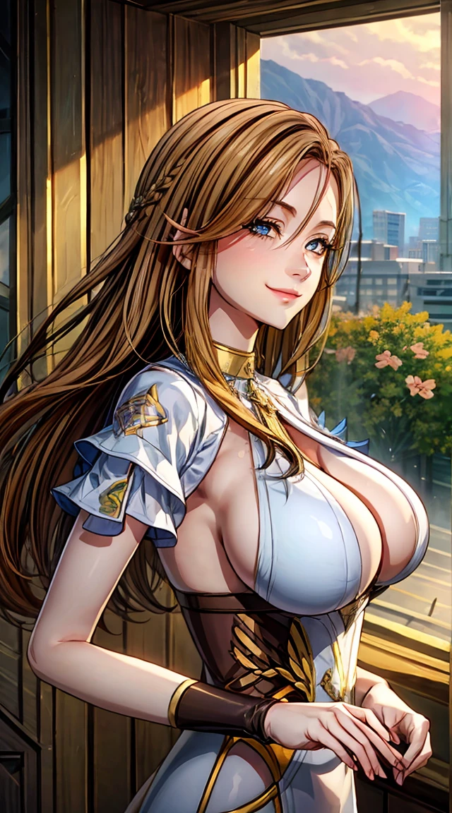 Fille sexy, large breast, roof of a hotel, sun set, seductive, chemise blanche, opened shirt, bionde, blue eye, detailed eyes, hourglass _forme du corps, Ultra detailed, 4K Ultra HD, smiling, flirty smile, blushes, jewels, soutien gorge,