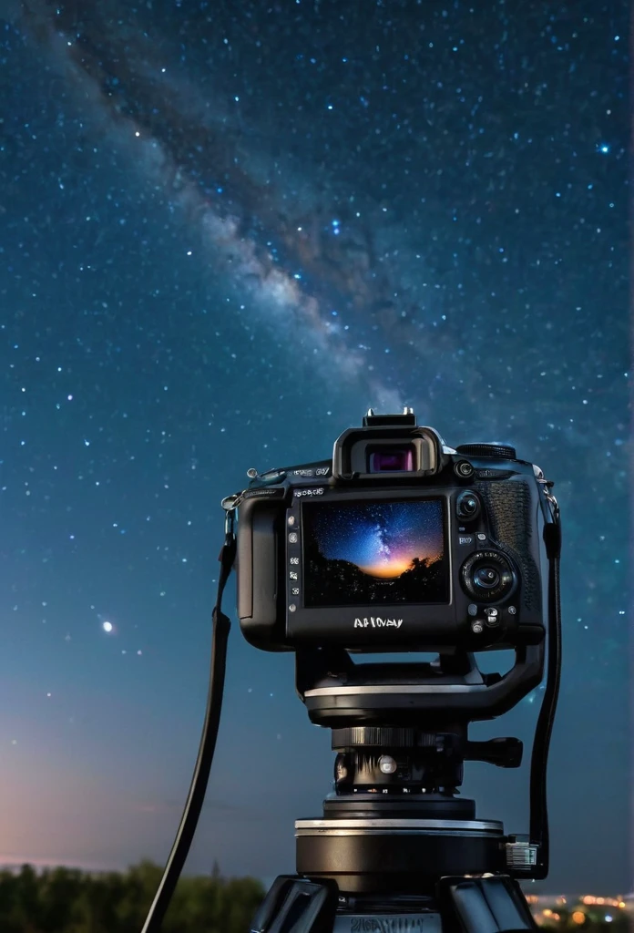 a close up of a camera with a sky background and a star filled sky, astrophotography, night time with starry sky, night sky photography, space in the background, astrophotgraphy, space in background, sci-fi setting, sci - fi setting, endless cosmos in the background, the sky has the milky way, night outdoors, space photography, sci fi setting