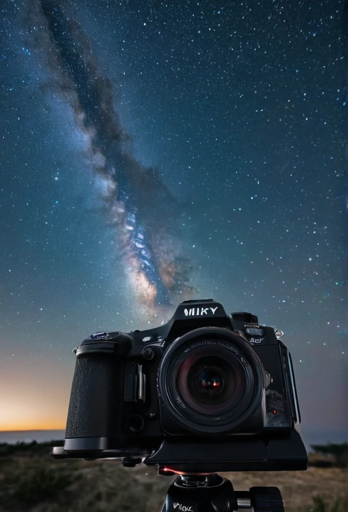 a close up of a camera with a sky background and a star filled sky, astrophotography, night time with starry sky, night sky photography, space in the background, astrophotgraphy, space in background, sci-fi setting, sci - fi setting, endless cosmos in the background, the sky has the milky way, night outdoors, space photography, sci fi setting