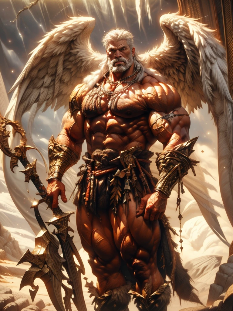 A muscular, noble-looking man with sharp eyes, a strong nose, and a dignified expression, holding a long sword, with short white hair, majestic white wings, floating against a starry sky background, (best quality,4k,8k,highres,masterpiece:1.2),ultra-detailed,(realistic,photorealistic,photo-realistic:1.37),digital art, concept art, cinematic lighting, dramatic, epic, powerful, divine, angelic