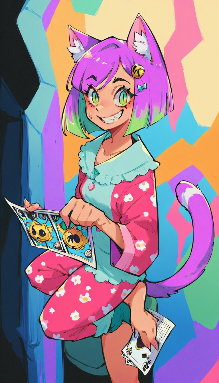 score_9, score_8_up, score_7_up, score_6_up, score_5_up, score_4_up,
female, (cat:1.2), animal ears, animal tail, holding (newspaper), jewelery, short hair, colored_skin, colored_skinned_female, ((multicolored hair, green AND purple AND pink hair)), bright green eyes, eyelashes, frills, ((The Cheshire cat)), wide smile, crazy grin, (wearing pajamas, sweatpants, soft slippers),
Full body standing painting, (((solo))), Simple line design, ((tarot card background, symmetric beauty)), perfectly symmetrical, The art of symmetry, Standing drawings of characters, ((flatcolors)), tmasterpiecetop Qualities qualtiy