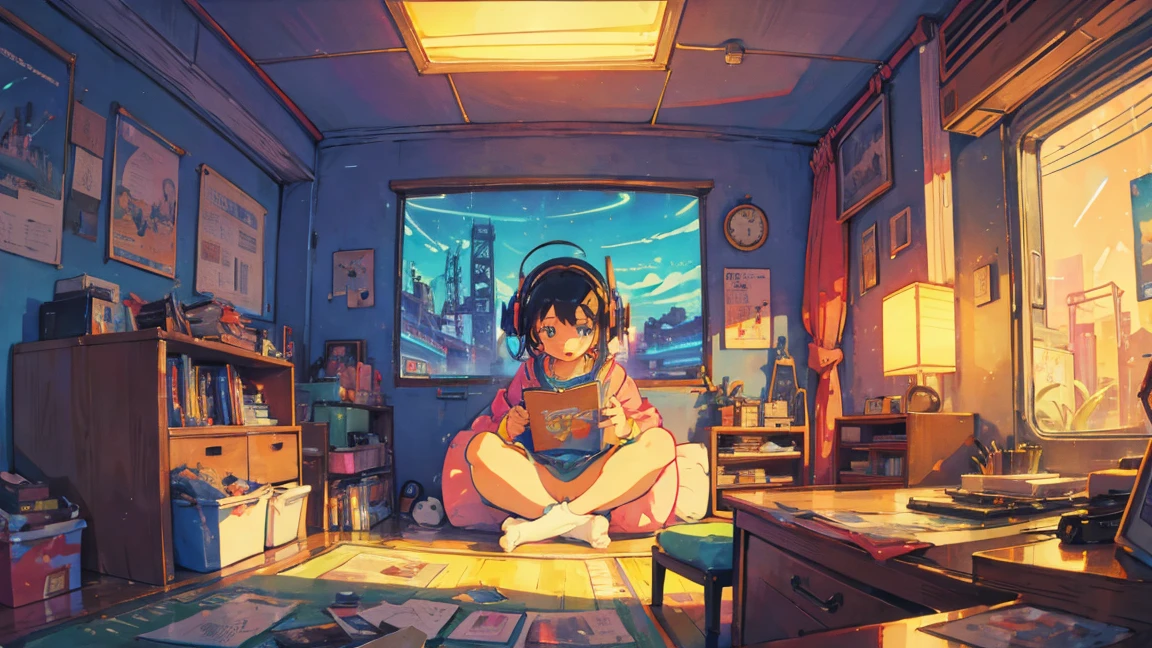 (zero), Girl studying in her room, reading a book, Wear headphones, , night lights, Neon landscape on a rainy day,Analog Color Theme, Lo-Fi Hip Hop , retrospective, flat, 2.5D ,Draw a line, Ink Drawing, Large slope, Watercolor painting, Goosch Colors, Studio Ghibli Style, Awesome colorful, Outer Ton, Synthwave, lofi art,90s style,Old texture, amplitude,90s vibe, masutepiece, Tremendous technology, 16:9 scale, washitu,japanese style,