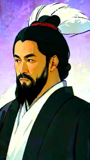 Oriental、Man in simple ancient Chinese costume、ancient chinese hairstyle male、Highest quality、masterpiece、Ultra-high resolution、(Realistic:1.4)、Game Poster、Crisp and beautiful image quality,Embroidered cloth wrapped around a topknot、Feather fan、Black clothes、