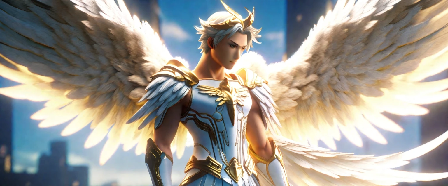 score_9, score_8_up, score_7_up, source_anime, detailed, 8k, cinematic angle, rating safe, from back, wide shot, A white winged angel is flying and looking down, aureole, halo, perfect face, hyperrealistic, photorealistic, 