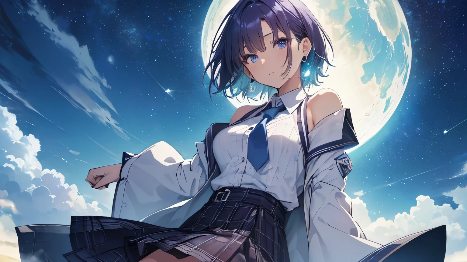 Super detailed, (((short hair:1.1))), (((Perfect hands:1.2))), (((Perfect ???????:1.2))),(((One girl))),((toru asakura、Blue Hair、Earrings、Gradient Hair、Multi-colored hair、Parted bangs、Purple Hair)),　(((Tabletop, 最高quality, Super detailed, High resolution, Top quality, ４ｋquality, High resolution, 超High resolution, 8K, High resolution, Super detailed, Ultra Sharp, super High resolution, Film script, good shape: 1.2, Vibrant colors: 1.2, Beautiful Face: 1.1, wonderful_quality: 1.0, Perfect Face, Shiny skin, Beautiful, detailed eyes, Highly detailed face,Perfect Face, wonderful肌))),   A balance of beauty and disturbing complexity..(top-quality、High definition、masterpiece:1.2、)、Awareness-raising、night、One girl in、(cardigan、cardiganウエストラップ、Waist wrap、Loose tie、cardigan、Plaid、Plaidスカート、Pleated skirt、、Skirt、Rolled up my sleeves、Wristband)、Waiting for a kiss、Looking at the audience、happiness、toru asakura、Blue Hair、Earrings、Gradient Hair、Multi-colored hair、Parted bangs、Purple Hair、Upper body、Extremely close-up footage、High resolution、超High resolution、8K、Glowing Eyes,　Starry Sky、Sparkling Eyes,Happy、Shortcuts、,Very wide shot、Floating Hair, Shiny Hair,Outdoor, Wind,Sparkling Eyes,I have a book,Ocean