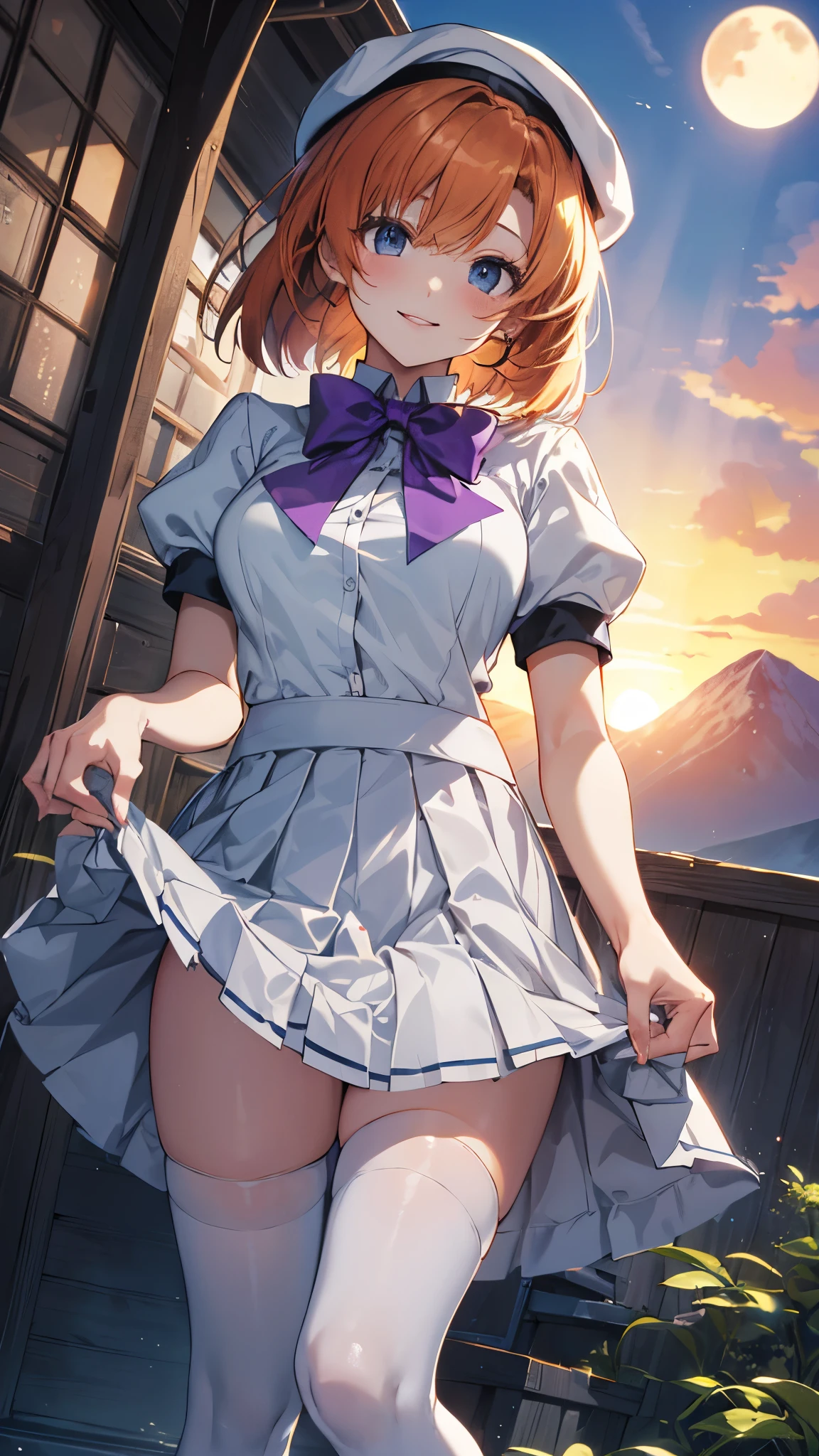 (twilight,orange sun),rena ryuuguu, orange hair, short hair, blue eyes,Mountain of bulky trash,seductive smile,
white beret, bow, bowtie,(white dress:1.2),white skirt,hat, puffy short sleeves, puffy sleeves, purple bow, purple bowtie, short sleeves,thighhighs, zettai ryouiki,,(from below:1.3),(skirt lift:1.5), ((skirt grab:1.3)), (Skirt that rolls up:1.3),masterpiece,Noise Reduction,perfect anatomy,high resolution, ultra-detailed,game cg,dutch angle ,beautiful detailed eyes,visualart,five fingers, perfect hands, perfect lighting,