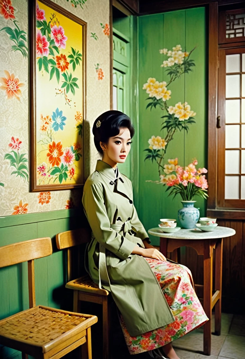 Movie still, a beautiful woman wearing 1960s british style trench coat over a floral patterned qipao, sitting on a wooden stool inside a 1960s hong kong kitchen. The picture is framed between two walls put at the forefront where the woman as the subject and the kitchen as the background, wong kar wai color palette