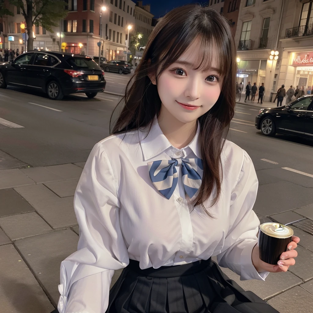There is a woman who is on the street with a purse, fat pigeon, fat cat,(8k, RAW photo, best quality, masterpiece: 1.2), (realistic, photo-realistic: 1.37), ultra-detailed, 1 girl, cute, solo, beautiful detailed sky, detailed coffee, night, sitting, dating, (flushed nose), (smile: 1.1), medium breasts, beautiful detailed eyes, (collared shirt: 1.1), bow tie, pleated skirt,