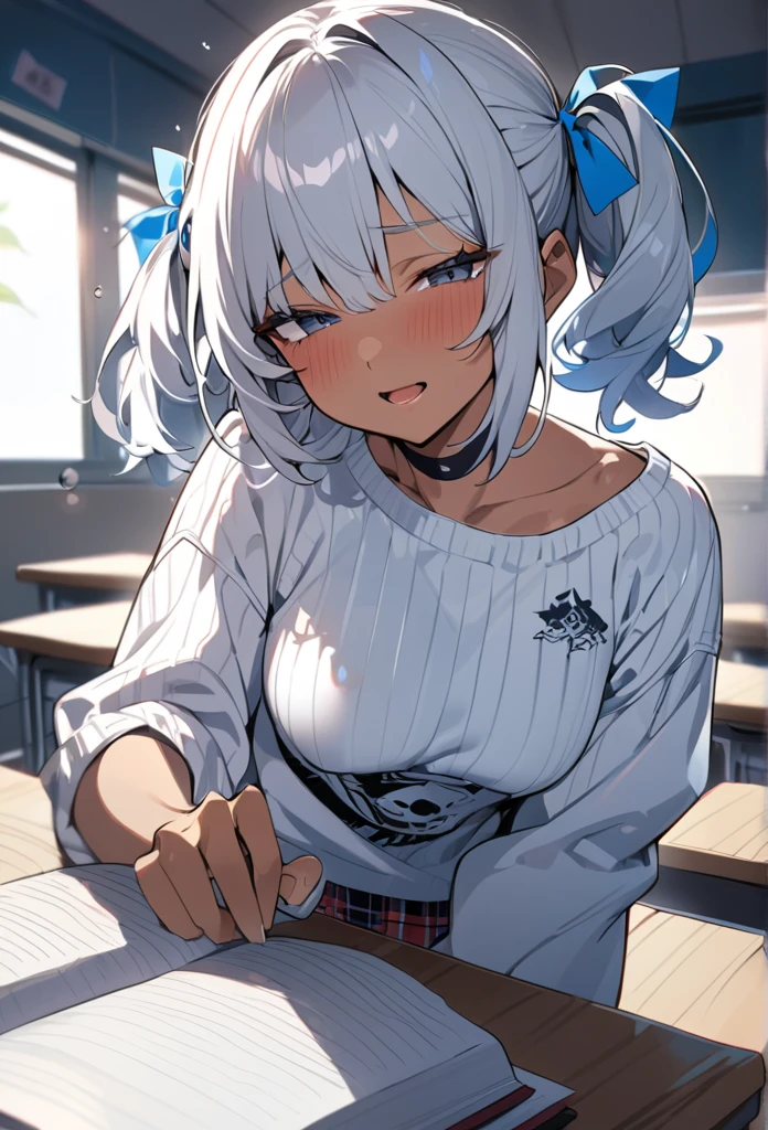 1girl in, masutepiece, Best Quality,Troubled face,Nikkeadomi,very short Pleated skirt,  Hair Ornament, bowtie, Sweater Vest, blush, grey sweater, yellow bowtie, Small breasts, backpack, White socks,,((solo girl)),nsfw,(POV),pressing lips together,kissing mouth,sweaty saliva,front view,lustrous lips,face up,((half Open eyes)),have a runny nose,Sweaty and blushing body, open arms forward,hug,open mouth,tongue out,love hotel room background, saliva, sweat,pov, Looking at Viewer,saliva, sweat,incoming hug, incoming kiss,(open arms),Sweaty body,((Focus face,focus mouth,)),