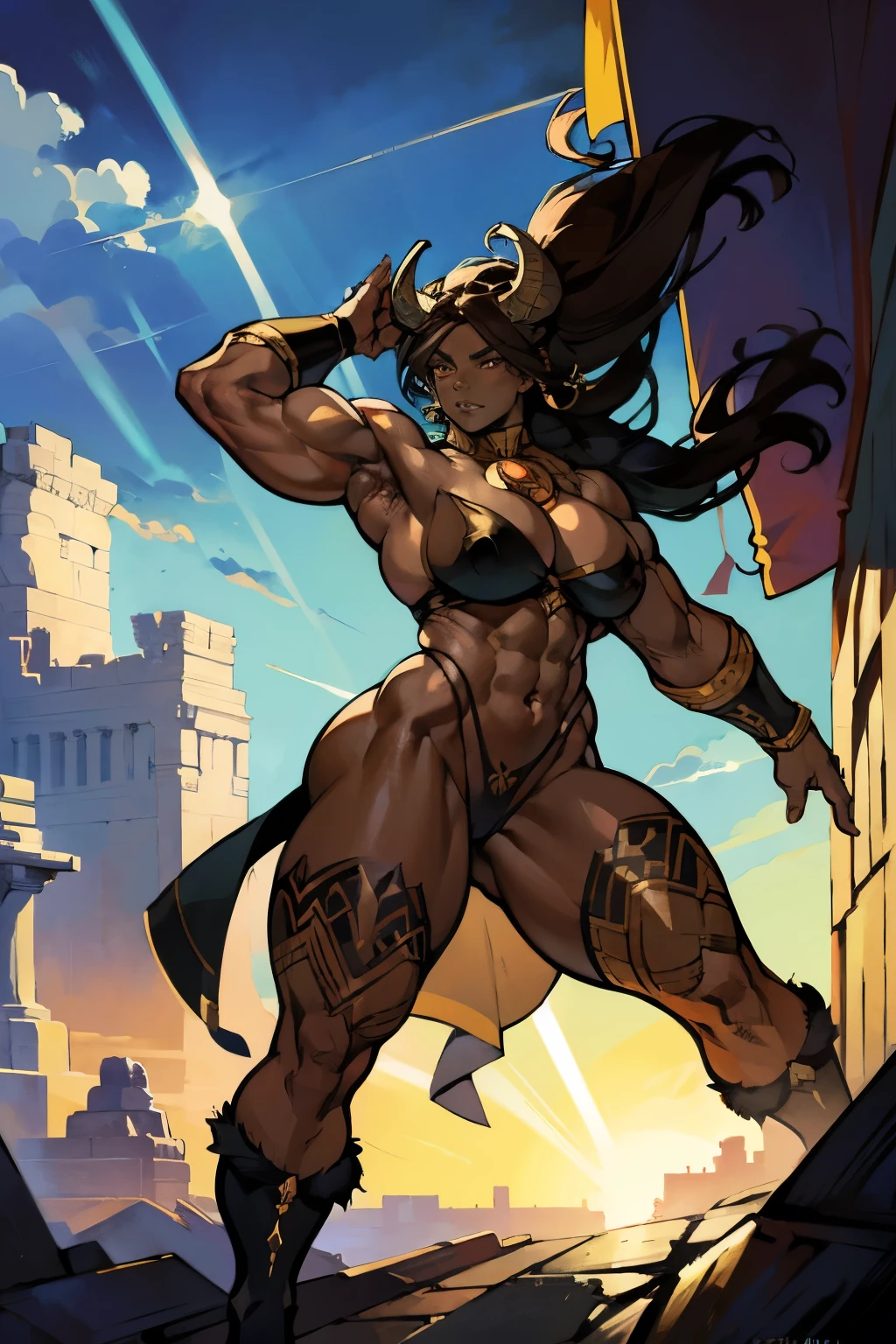 Anime-style Female Minotaur: A majestic Minotaur-Female, with an imposing bull's head adorned with spiraling horns and deep, expressive eyes. athletic, naked. The bull's skin is dark brown and covered with a fine, short coat. She is on his feet, ready for battle. The background is an epic backdrop with dramatic clouds and sunbeams streaking across the sky.