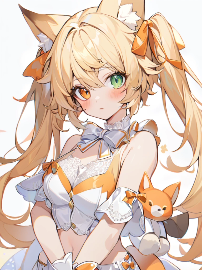 1girl, Nice face,The fox girl,bangs, bare shoulders, blonde hair, blush, bow, breasts, white cleavage, cropped torso, , green eyes, hair ribbon, heterochromia,  stlooking at viewer, , orange bow, orange eyes, orange ribbon,  stuffed toy, twintails, upper body, full-length, white legbands, white shoes with lace and white bows, white background, wrist cuffs, yellow eyes, bloomers, close-up, fair skin frills, lace, midriff, skirt, solo, , white background,shorts, white top with ribbon and lace and trousers,trousers, genshin,white slippers with a bow,All clothes are white, laceAt full height, it stands, в полный рост