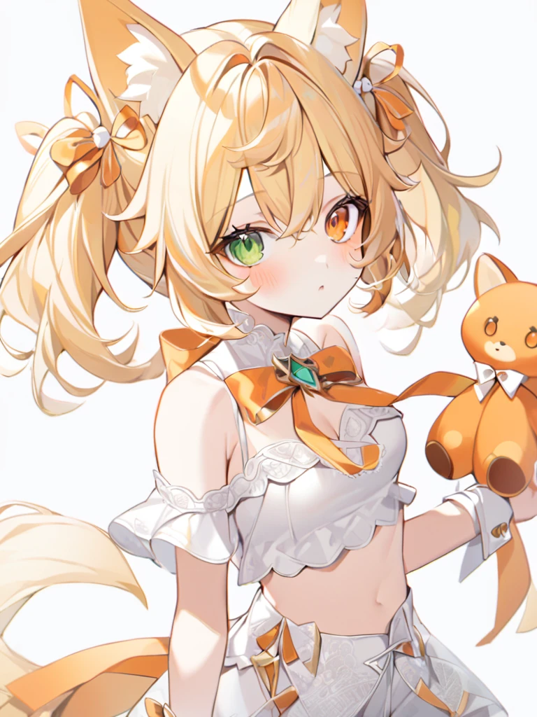 1girl, Nice face,The fox girl,bangs, bare shoulders, blonde hair, blush, bow, breasts, white cleavage, cropped torso, , green eyes, hair ribbon, heterochromia, stlooking at viewer, , orange bow, orange eyes, orange ribbon, stuffed toy, twintails, upper body, full-length, white legbands, white shoes with lace and white bows, white background, wrist cuffs, yellow eyes, bloomers, close-up, fair skin frills, lace, midriff, skirt, solo, , white background,shorts, white top with ribbon and lace and trousers,trousers, genshin,white slippers with a bow,All clothes are white, laceAt full height, it stands, в полный рост